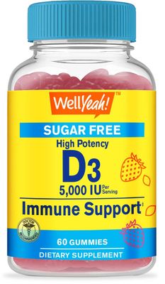 WellYeah Sugar Free Vitamin D3 5,000 IU (125mcg) Extra Strength Gummies - Immune Booster, Bone and Teeth Support - Non GMO, Gluten Free, Nut Free, Vegetarian - Natural Sourced Flavors - 60 Gummies (1)