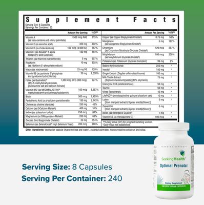 Seeking Health Optimal Prenatal, Womens Vitamin with B12, Methylfolate, Choline, Methylation Support, Nutrients to Support Fertility, Pregnancy & Breastfeeding, 240 Vegetarian Capsules