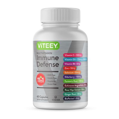 11 in 1 Multivitamin Immune Defense Supplement - Immune Booster Capsules with Vitamin D3, Vitamin B6, Echinacea, Turmeric, Rose-HIPS, Selenium, BioPerine, Ginger, Elderberry Vitamin C and Zinc