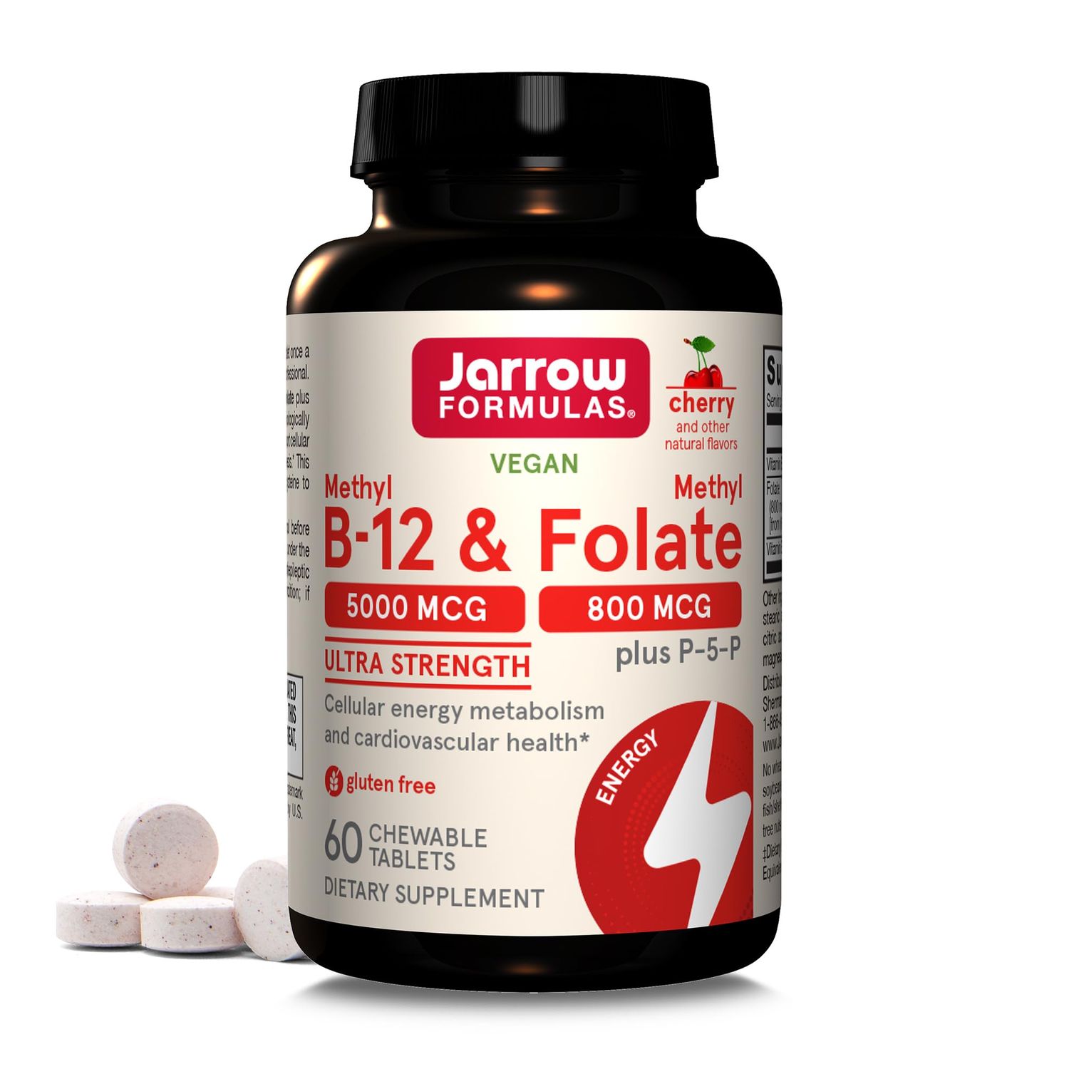 Jarrow Formulas Ultra Strength Methyl B-12 5000 mcg &amp; Methyl Folate 800 mcg + P-5-P, Dietary Supplement for Cellular Energy Metabolism and Cardiovascular Support, 60 Chewable Tablets, 60 Day Supply