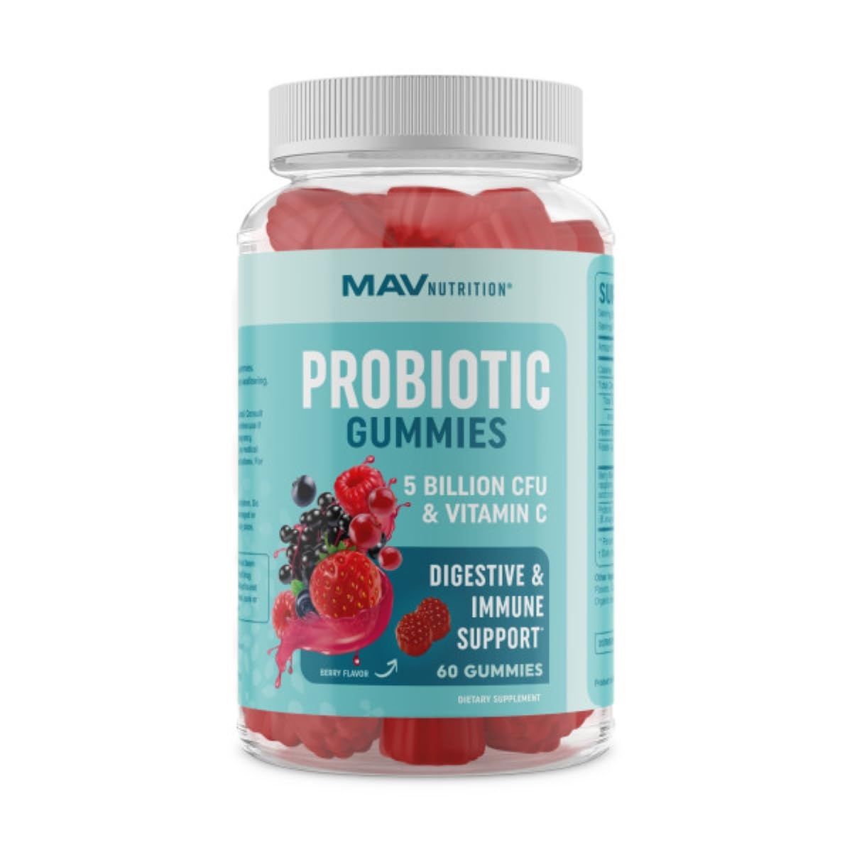 Probiotic Gummies with Vitamin C and Folic Acid | 5 Billion CFU Probiotics | Gut Health, Digestion, &amp; Immune System Support | Gluten-Free, Non-GMO, Berry Flavor | With Organic Fruit Extracts | 60 ct.