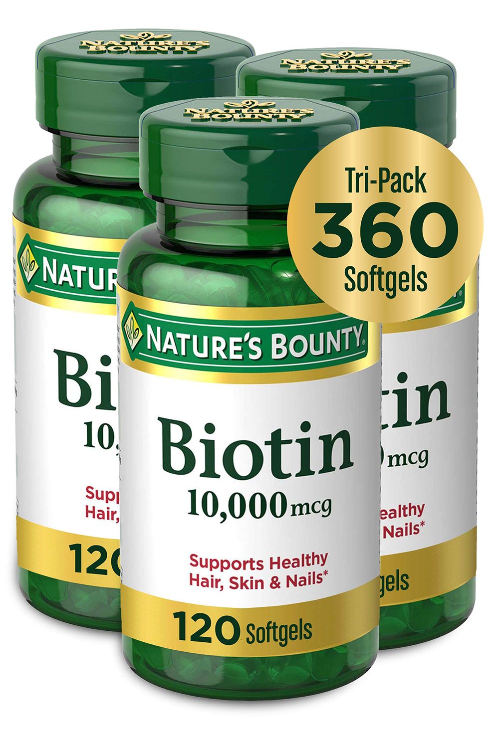 Nature&#39;s Bounty Biotin 10,000mcg, Supports Beautiful Hair, Glowing Skin and Healthy Nails, Rapid Release Softgels, 120 Count (Pack of 3)