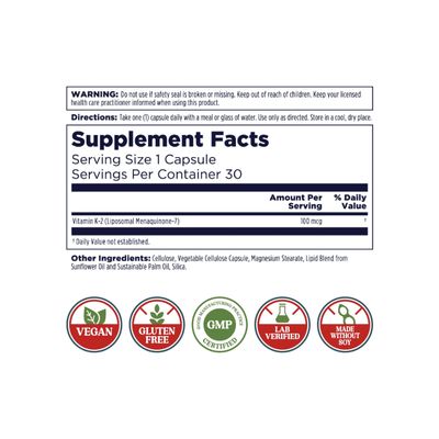 KAL Liposomal Vitamin K2 Supplement with MK7 100 mcg, High Absorption, Liposomal Technology, Advanced Bone Support, Vegan Capsules, Gluten Free, Made Without Soy, 30 Servings