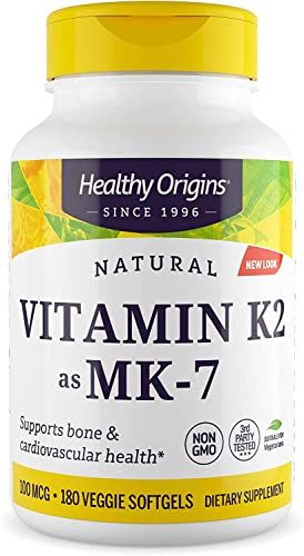 Healthy Origins Vitamin K2 as MK-7, 100 mcg - K2 Vitamins for Heart Health, Bone Health &amp; Calcium Metabolism - Gluten-Free Supplements - 180 Veggie Softgels