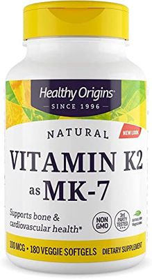 Healthy Origins Vitamin K2 as MK-7, 100 mcg - K2 Vitamins for Heart Health, Bone Health &amp; Calcium Metabolism - Gluten-Free Supplements - 180 Veggie Softgels