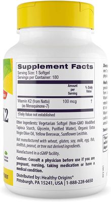 Healthy Origins Vitamin K2 as MK-7, 100 mcg - K2 Vitamins for Heart Health, Bone Health &amp; Calcium Metabolism - Gluten-Free Supplements - 180 Veggie Softgels