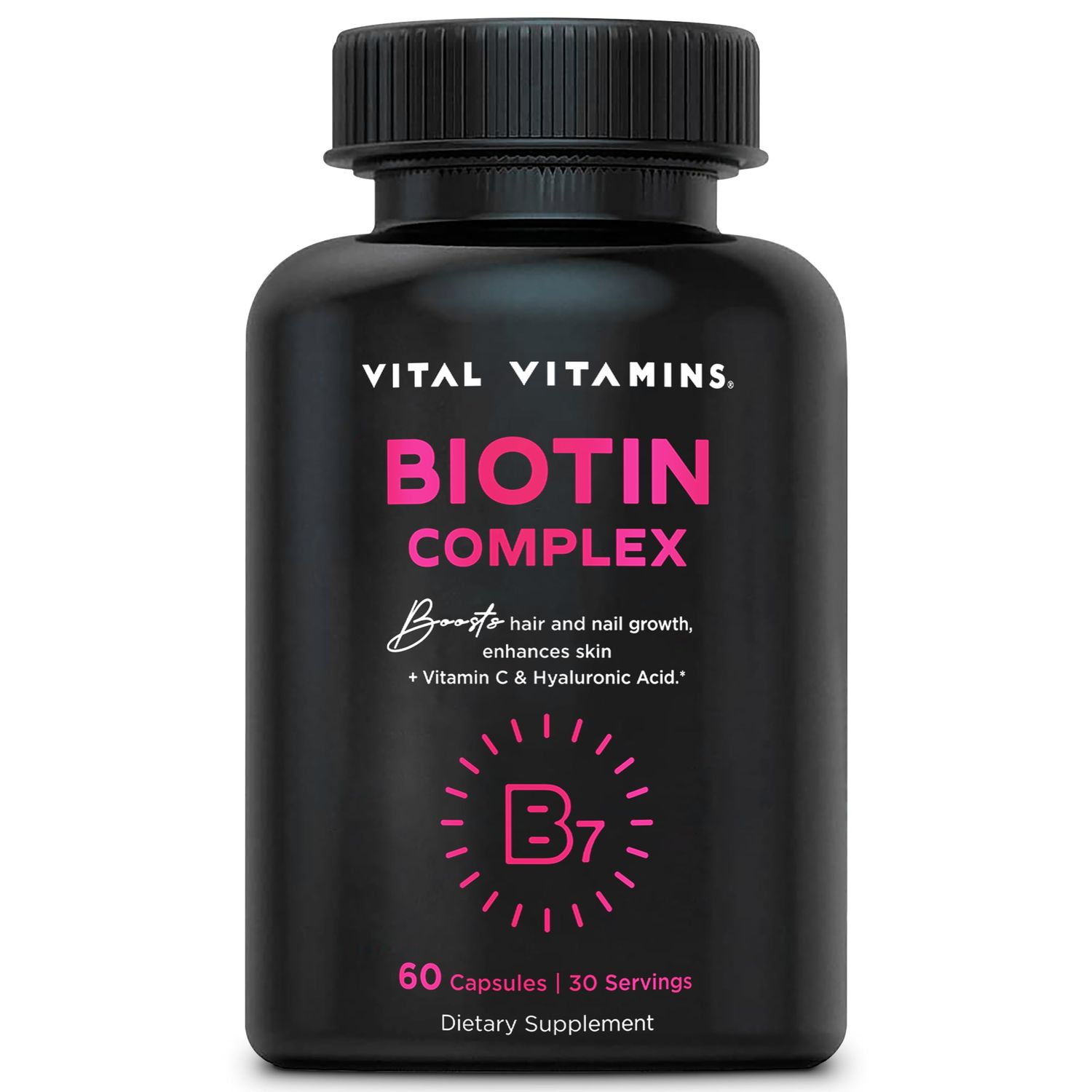 Vital Vitamins Biotin Complex Pills - 5000 mcg Biotin with Hyaluronic Acid, MSM, Collagen, &amp; Vitamin C - Biotin Supplement for Hair, Skin, and Nails - Hair Growth Vitamins - 60 Capsules