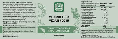 KALA HEALTH Vitamin E - All 8 Tocopherols + Tocotrienols 400 IU Vegan - Alpha Tocopherol/Tocotrienol + Beta Tocopherol/Tocotrienol + Gamma Tocopherol/Tocotrienol + Delta Tocopherol/Tocotrienol