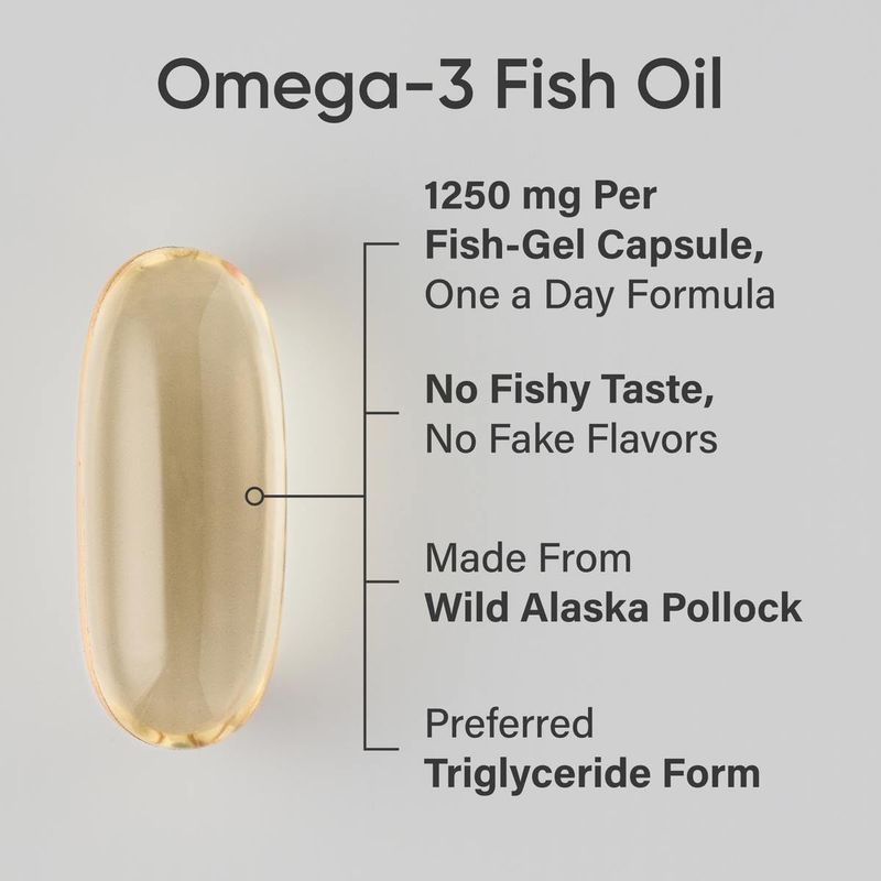 Sports Research Triple Strength Omega 3 Fish Oil - Burpless Fish Oil Supplement w/EPA &amp; DHA Fatty Acids from Single-Source Wild Alaska Pollock - 1250 mg, 90 ct