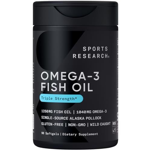 Sports Research Triple Strength Omega 3 Fish Oil - Burpless Fish Oil Supplement w/EPA &amp; DHA Fatty Acids from Single-Source Wild Alaska Pollock - 1250 mg, 90 ct