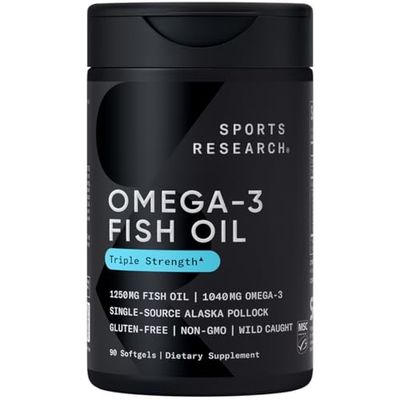 Sports Research Triple Strength Omega 3 Fish Oil - Burpless Fish Oil Supplement w/EPA &amp; DHA Fatty Acids from Single-Source Wild Alaska Pollock - 1250 mg, 90 ct