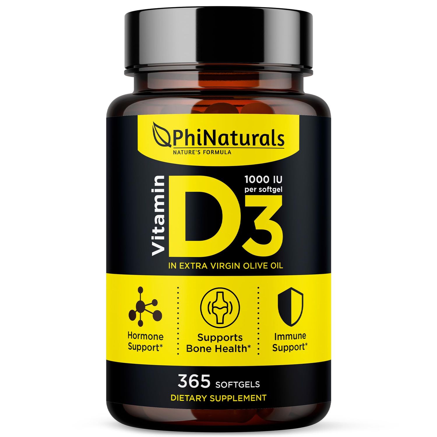 PhiNaturals Vitamin D3 1000 IU Softgels - [365 Count] High Potency VIT D 3 Pills - Extra Virgin Olive Oil for Max Absorption - 1000iu