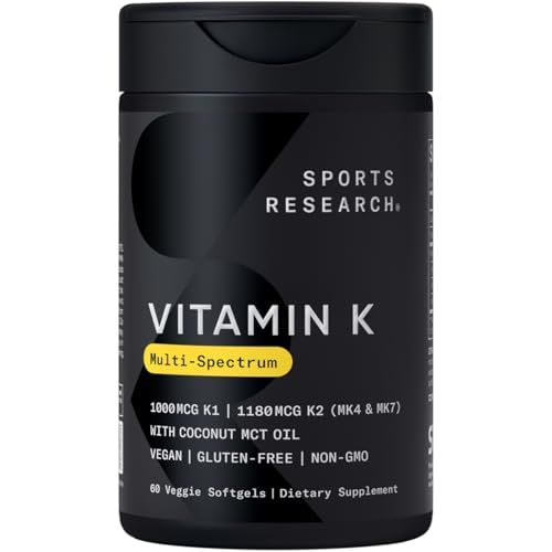 Sports Research Vitamin K Multi-Spectrum - Three Types of Vitamin K: K1, K2 MK-4 &amp; K2 MK-7 - Vegan Friendly, Plantgel Capsule - 60 softgels