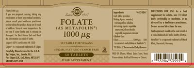 Solgar Folate 1000 mcg - 60 Tablets - 1000 mcg Bio-active Metafolin - Vegan, Gluten Free, Dairy Free, Kosher - 60 Servings