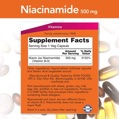 NOW Foods Niacinamide 500mg Vitamin B-3 Capsules, 100 Count (3 Pack)