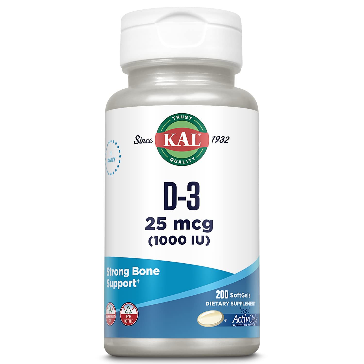 KAL Vitamin D3 1000 IU Softgels (25 mcg), Active Form of Vitamin D, Calcium Absorption, Bone Health, Immune Support Supplement, Liquid Filled ActivGel, Made Without Soy, 200 Servings, 200 Softgels