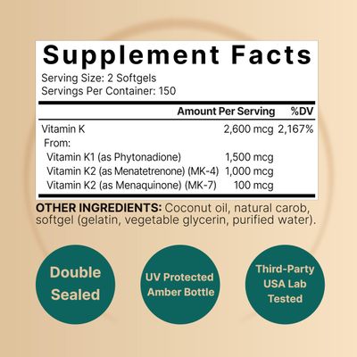 NatureBell Vitamin K Complex, K1 + K2 (MK-7 &amp; MK-4) 2,600mcg Per Serving, 300 Coconut Oil Softgels | Max Absorption - Full Spectrum K Vitamins Supplement | Heart &amp; Bone Support | Non-GMO