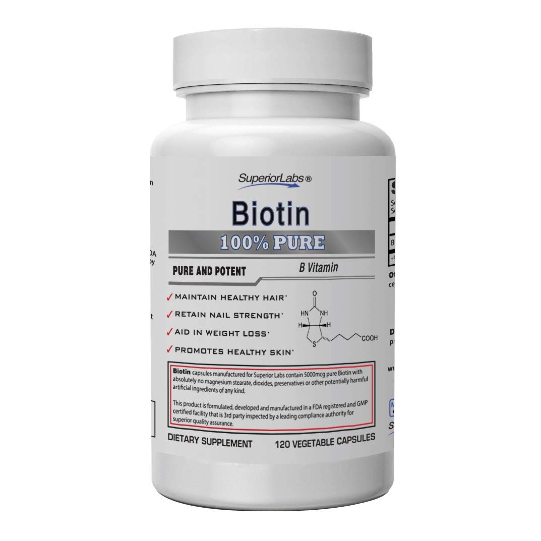 Superior Labs - Best Natural Biotin NonGMO Supplement - for Luscious Longer Hair and Lashes - Stronger Nails - Healthy Skin - Energy Booster - Healthy Weight - 5000 mcg, 120 Vegetable Caps