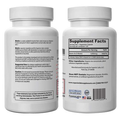 Superior Labs - Best Natural Biotin NonGMO Supplement - for Luscious Longer Hair and Lashes - Stronger Nails - Healthy Skin - Energy Booster - Healthy Weight - 5000 mcg, 120 Vegetable Caps