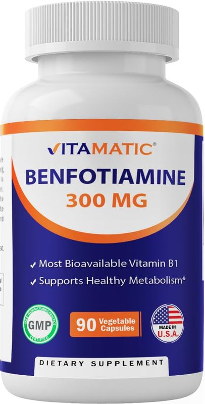 Vitamatic Benfotiamine 300 mg 90 Vegetarian Capsules - Also Called Fat Soluble Vitamin B1 (90 Count (Pack of 1)) (1 Bottle)
