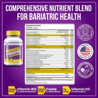 Procare Health Prenatal Bariatric Multivitamin with Iron (60 Easy to Swallow Capsules) - Bariatric Prenatal Probiotic for Women, Bariatric Vitamins for Gastric Bypass & Gastric Sleeve (1 Month Supply)
