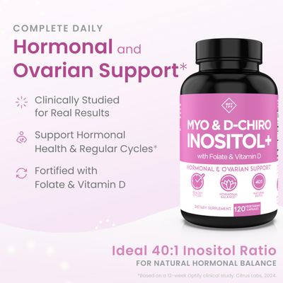 Premium Inositol Supplement - Myo-Inositol and D-Chiro Inositol Plus Folate and Vitamin D - Ideal 40:1 Ratio - Healthy Hormone Balance &amp; Healthy Ovarian Support for Women - Vitamin B8-30 Day Supply