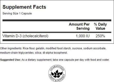 Swanson Vitamin D3 1000 IU - 250 Softgels - Bone Health, Immune Support, and Muscle Function Supplement