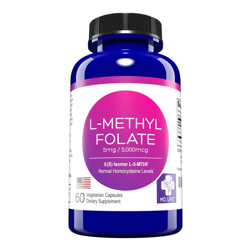 MD Life L-Methylfolate 5mg - Professional-Grade Active Methylfolate Supplement - Maximum Potency MTHFR Supplements - L methylfolate 5mg 60 Capsules - Essential Amino Acids