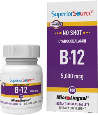 Superior Source No Shot Vitamin B12 Cyanocobalamin 5000 mcg, Quick Dissolve MicroLingual Tablets 100 Count, B12 Supplement to Increase Metabolism and Energy Production, Nervous System Support, Non-GMO