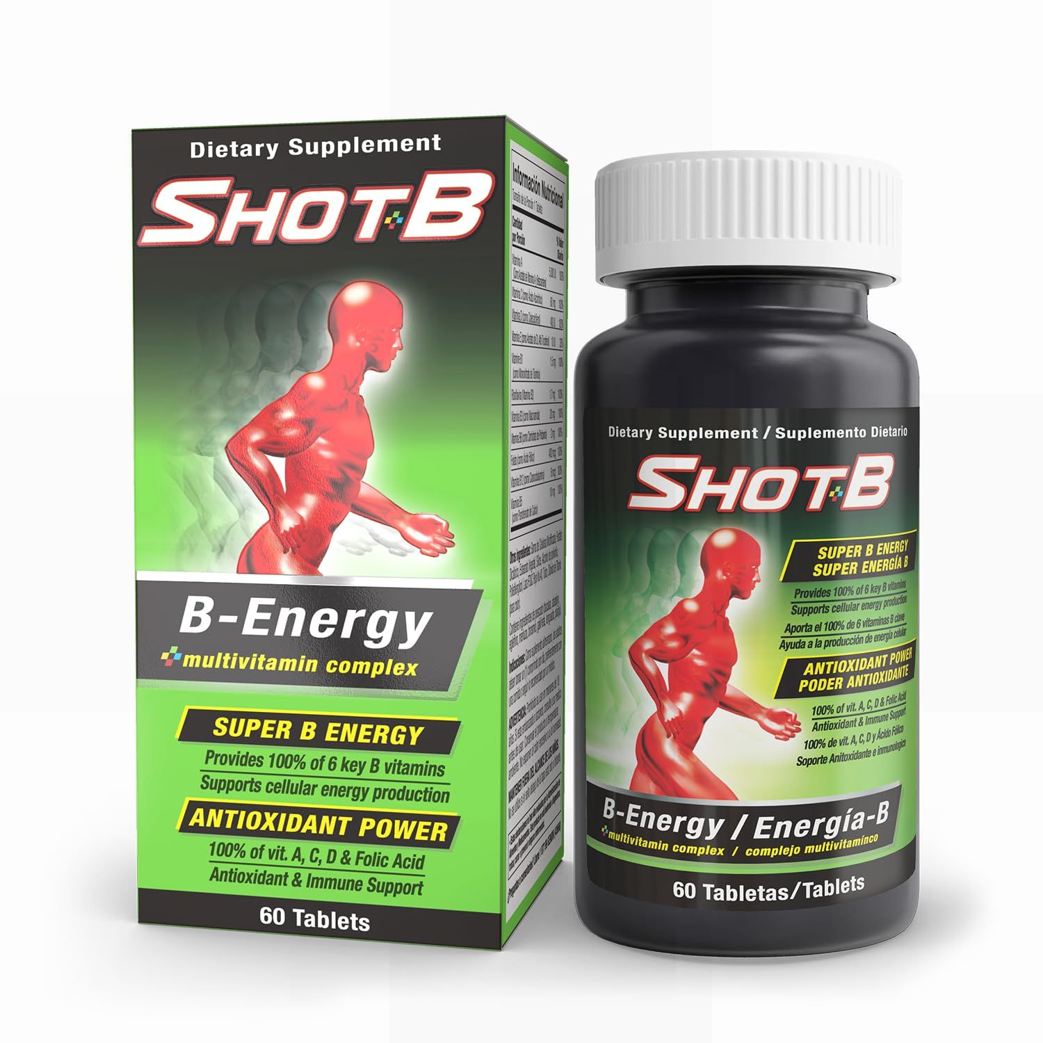Shot B Multivitamin Complex, B-Energy, Vitamin B Complex with Antioxidant Support, B Complex Vitamins with A, C, D, E &amp; Folic Acid for Cellular Energy &amp; Immune Health - 6 Key B Vitamins, 60 Count