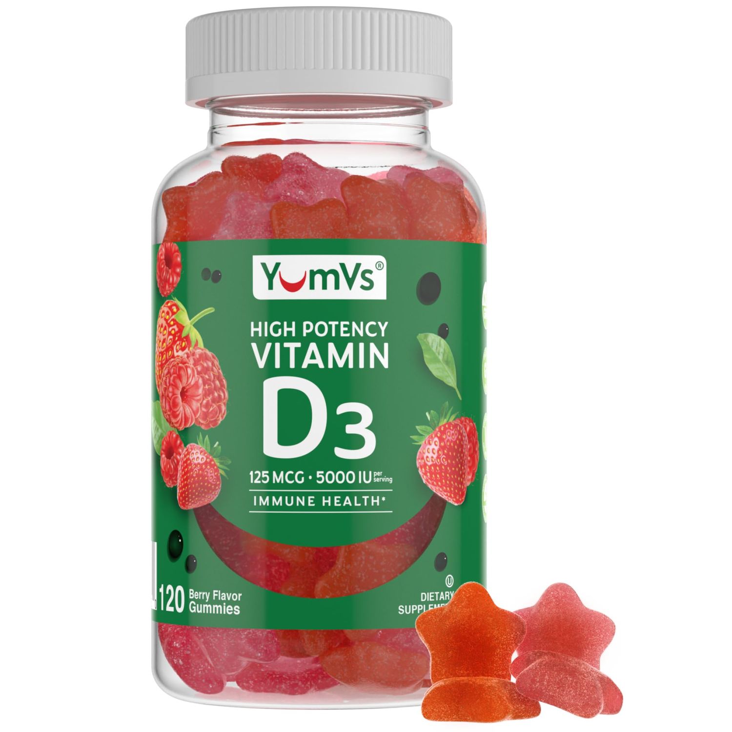 YumVs High Potency Vitamin D3 Gummies 5000 IU 125 mcg - Berry Flavor - Vegetarian Kosher Halal Gluten Free - Vitamin D Gummies for Adults - Vit D Vitamin D 5000 IU Gummy for Men and Women (120 Count)