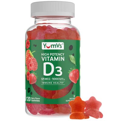 YumVs High Potency Vitamin D3 Gummies 5000 IU 125 mcg - Berry Flavor - Vegetarian Kosher Halal Gluten Free - Vitamin D Gummies for Adults - Vit D Vitamin D 5000 IU Gummy for Men and Women (120 Count)