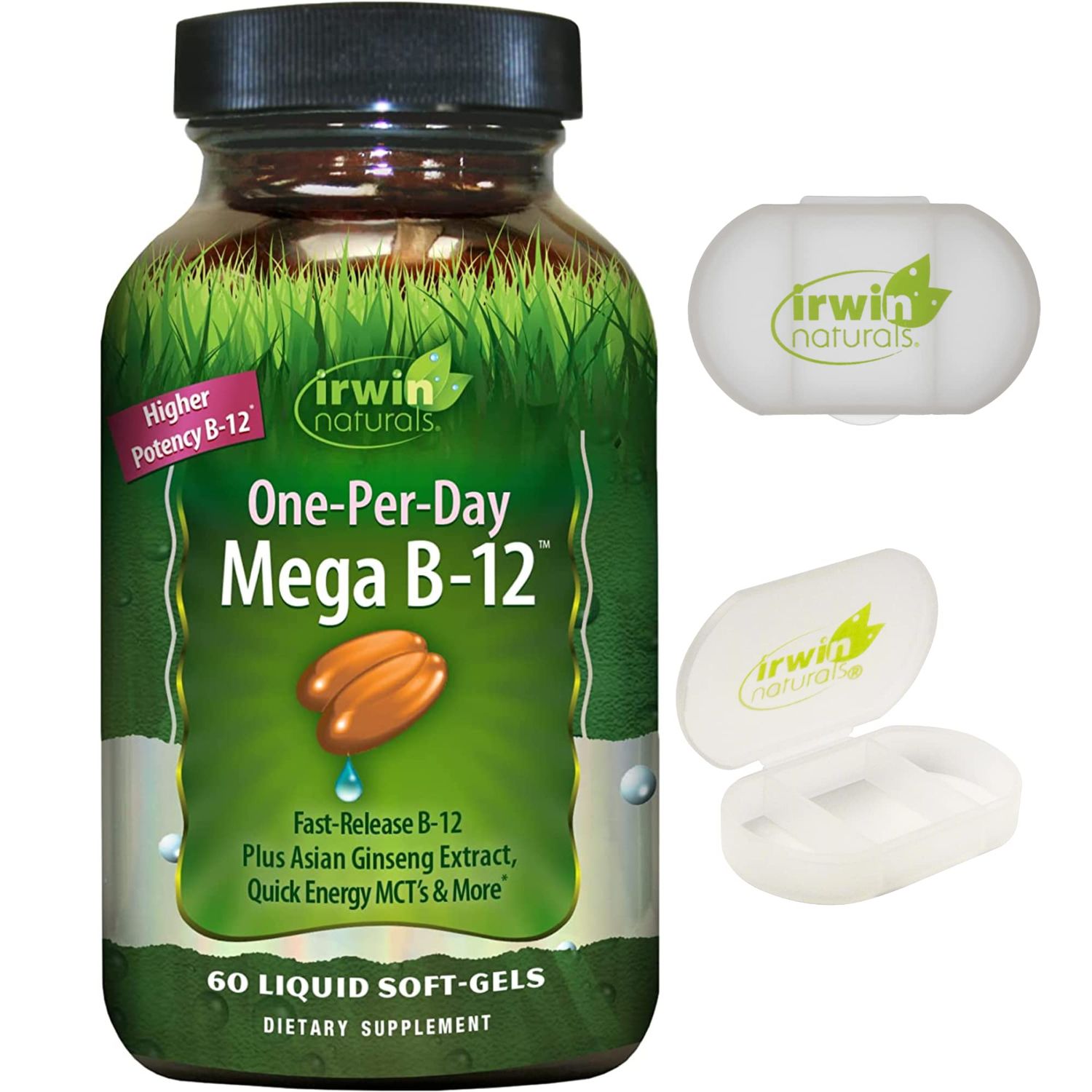 Irwin Naturals One-Per-Day Mega B-12 1,500mcg High Potency Methylcobalamin Vitamin - Fast Enhanced Absorption with MCT + Asian Ginseng - Natural Energy Boost - 60 Liquid Softgels with Pill Case