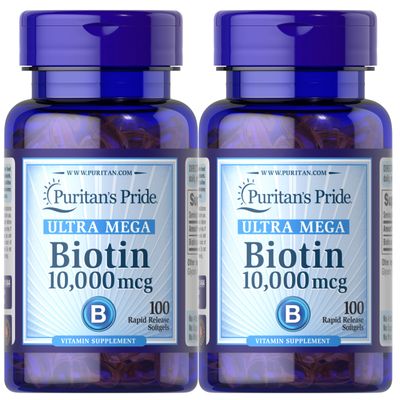 Puritans Pride Biotin 10000 Mcg Softgels, 100 total count twin pack