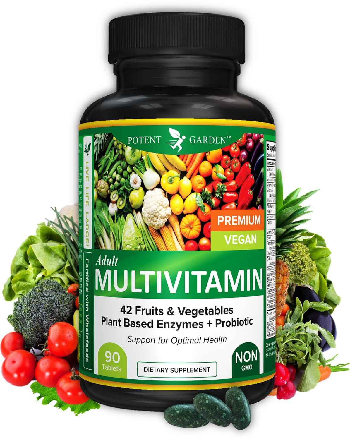 Potent Garden Adult Multivitamin for Women &amp; Men, 42 Fruits &amp; Vegetables Plus Probiotics, Supports Energy Metabolism &amp; Immune System, Daily Multivitamin for Men &amp; Women Non-GMO, 90 Tabs, 30 Servings