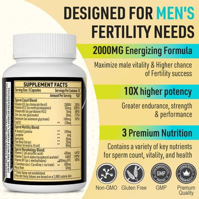 Fertility Supplements for Men, Male Fertility Supplement - Optimal Sperm Count, Motility and Strength, 2000MG Mens Prenatal Vitamins with CoQ10 Maca Root, Zin, NAC &amp;Folate for Conception - 90 Capsules