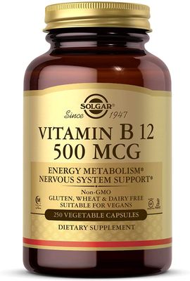 Solgar Vitamin B12 500 mcg, 250 Vegetable Capsules - Energy Metabolism - Nervous System Support - Promotes Heart Health - Non-GMO, Vegan, Gluten Free, Dairy Free, Kosher, Halal - 250 Servings