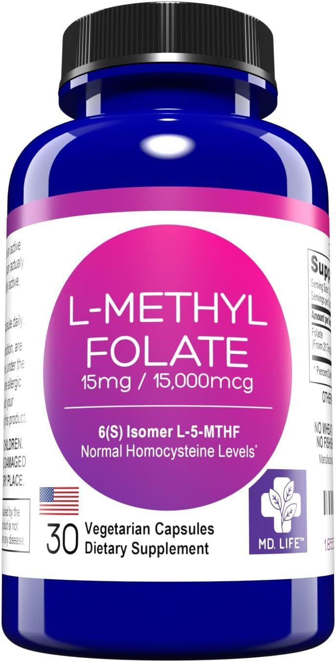 MD Life L Methylfolate 15 mg - Professional-Grade Active Methylfolate Supplement - Maximum Potency MTHFR Supplements - L-methylfolate 15 mg 30 Capsules - Essential Amino Acids