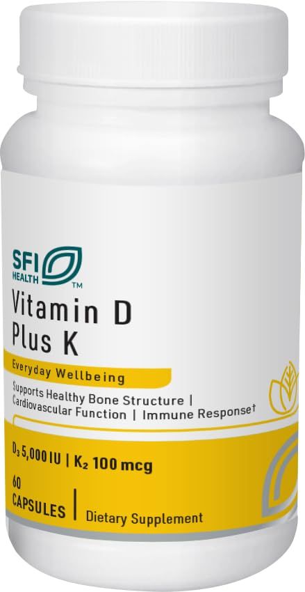 Klaire Labs SFI Health Vitamin D Plus K - Bioavailable Vitamin K2 D3 Supplement for Bone &amp; Immune Support - Each Capsule Delivers Vitamin D3 5000 iu &amp; Vitamin K2 100 Mcg (60 Capsules)