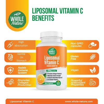 Whole Nature Liposomal Vitamin C Supplement Pills 1200 mg - High Absorption 180 Vegan Capsules Fat Soluble VIT C, Maximum Strength Immune System and Collagen Booster, Sunflower Lecithin