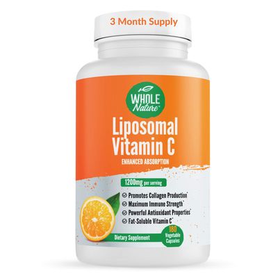 Whole Nature Liposomal Vitamin C Supplement Pills 1200 mg - High Absorption 180 Vegan Capsules Fat Soluble VIT C, Maximum Strength Immune System and Collagen Booster, Sunflower Lecithin