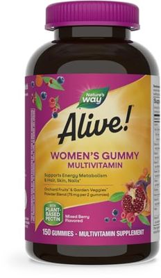 Nature&#39;s Way Alive! Women&#39;s Daily Gummy Multivitamins, 16 Vitamins &amp; Minerals, Energy Metabolism*, Hair Skin &amp; Nails*, Vegetarian, Mixed Berry Flavored, 150 Gummies (Packaging May Vary)