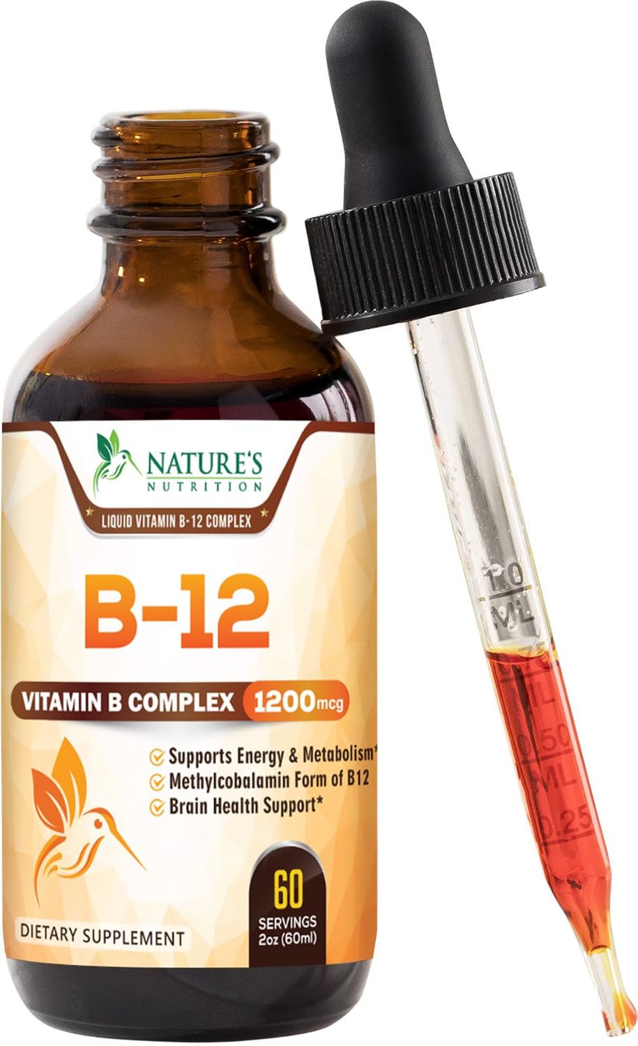 Vitamin B 12 Complex Drops 1200 mcg, Fast Absorption Liquid B12 Support for Energy, Nerves &amp; Immune Health, Methyl B Methylcobalamin Supplement, Vit B Complex Vitamins for Women &amp; Men, Vegan - 2 Fl Oz