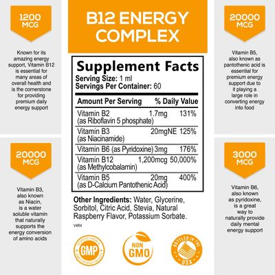 Vitamin B 12 Complex Drops 1200 mcg, Fast Absorption Liquid B12 Support for Energy, Nerves &amp; Immune Health, Methyl B Methylcobalamin Supplement, Vit B Complex Vitamins for Women &amp; Men, Vegan - 2 Fl Oz