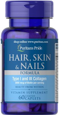 Puritan&#39;s Pride Hair Skin and Nails Biotin Formula Coated Caplets, 3000 Mcg, 60 Count