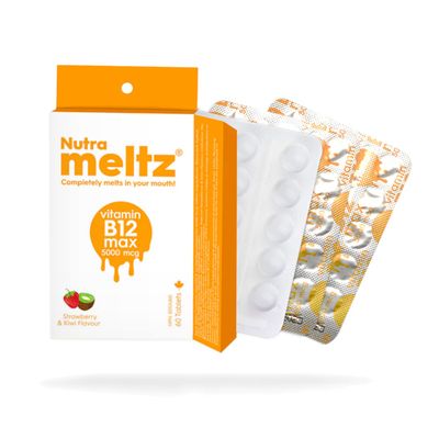 Nutra meltz Vitamin B12 5000 mcg - Methylcobalamin B12 Enhances Energy, Cognition, Red Blood Cell Production Quick Dissolving Tablets for Vitamin Deficiency - Strawberry &amp; Kiwi Flavor (60 Tablets)