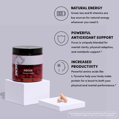 Tranont Focus Vitamin B Complex - Enhance Mental Clarity, Energy, and Immune Health with Natural Supplements, Green Tea &amp; Lion's Mane Mushroom Supplement - Vegan, Gluten-Free - 90 Capsules