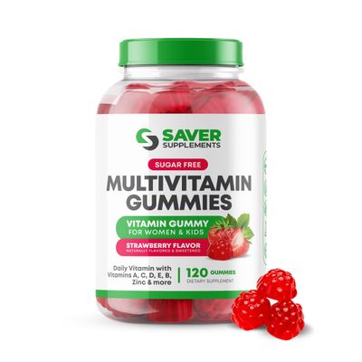 Saver Supplements Sugar Free Multivitamin Gummies, 120 Gummies - Naturally Flavored and Sweetened Vitamin Gummy for Women and Kids - Strawberry Flavor
