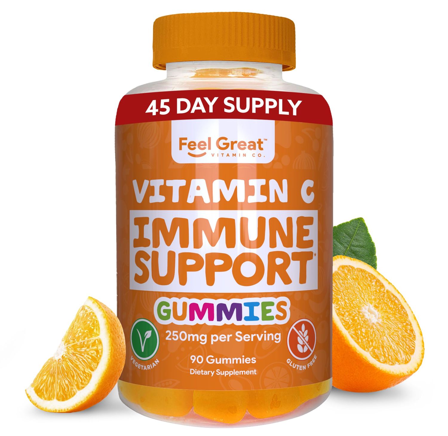 Vitamin C Gummies for Adults &amp; Kids by Feel Great Vitamin Co. | 90 Orange Flavored Gummies | Immunity Support, Plant-Based Fruit Pectin