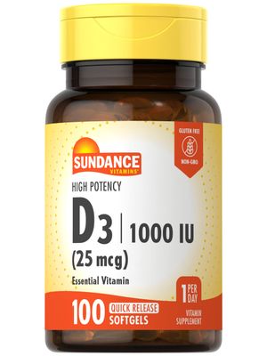 Sundance Vitamin D3 1000iu | 100 Softgels | High Potency Formula | Non-GMO and Gluten Free Supplement